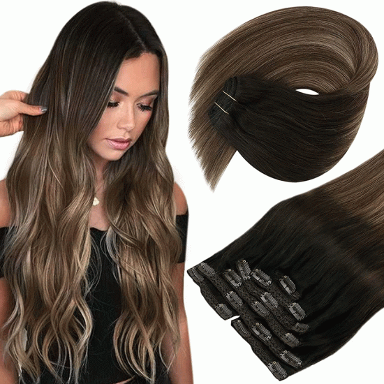 1B 8 18 NATURAL BLACK ASH BROWN ASH BLONDE Clip in Ombre Hair Extensions 120g 20